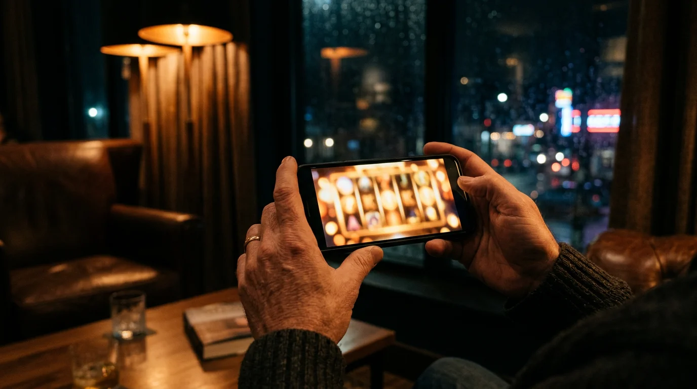 Ilustrace dospělého hráče držícího mobilní telefon se spuštěným kasinem v nočním pokoji